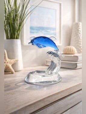 Blue Crystal Dolphin Figurine Waves Faceted Glass Ocean Nautical Decor Coastal